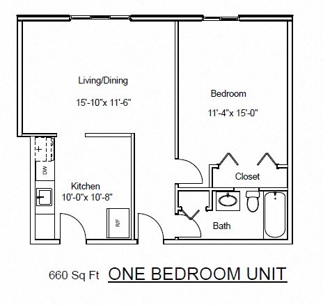 One Bedroom, One Bathroom Floor Plan 2